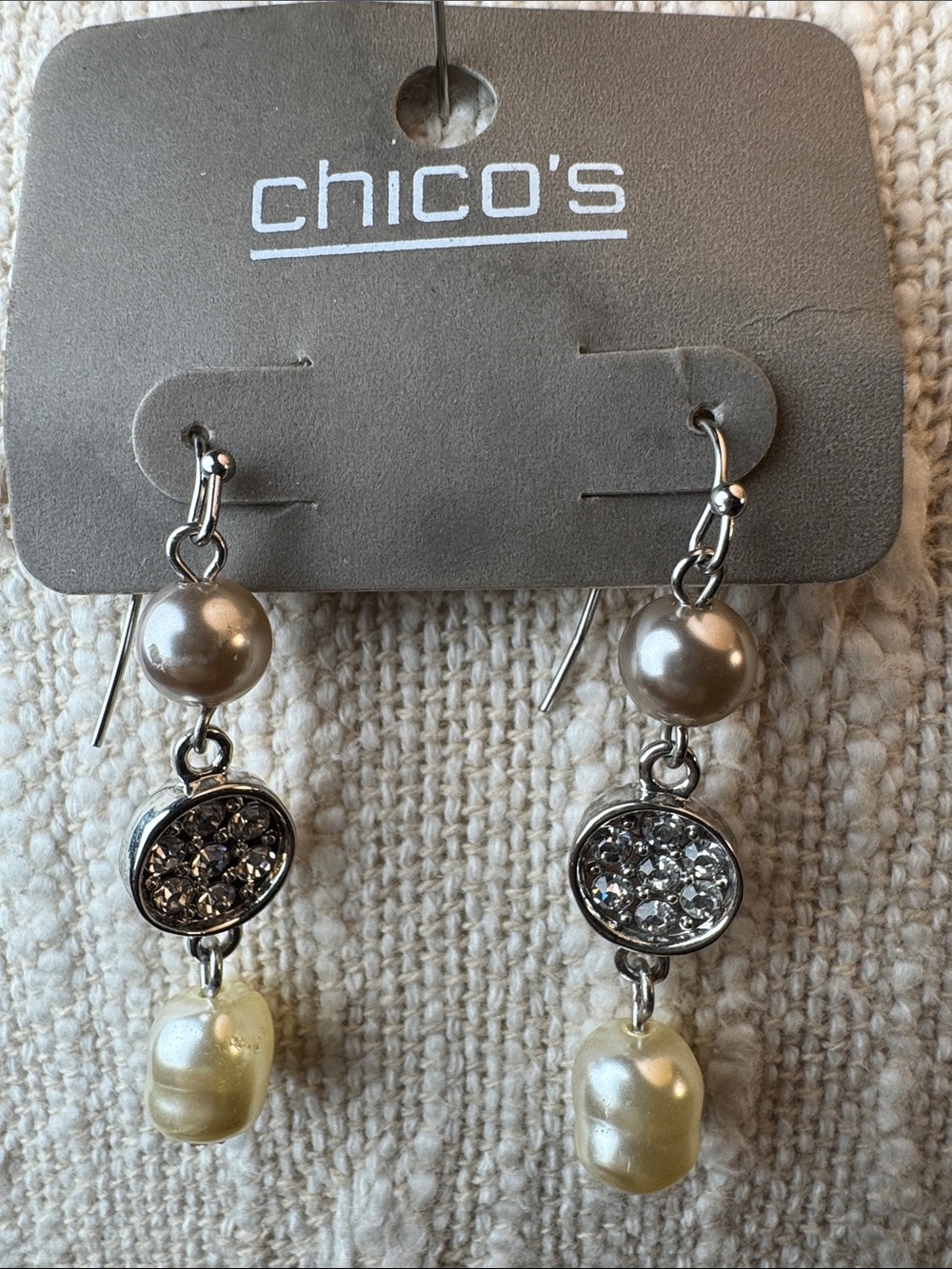 0192-Chico's Silver-Tone Pearl and Crystal Drop Earrings in Cream and Silver